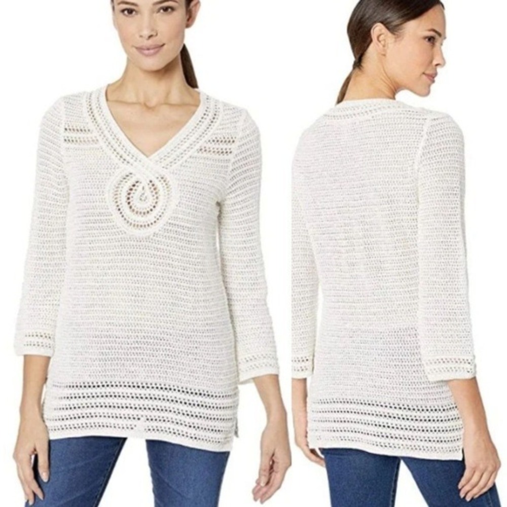 Tommy Bahama Cream Crochet Knit V Neck 3/4 Sleeve Tunic Sweater Top Women